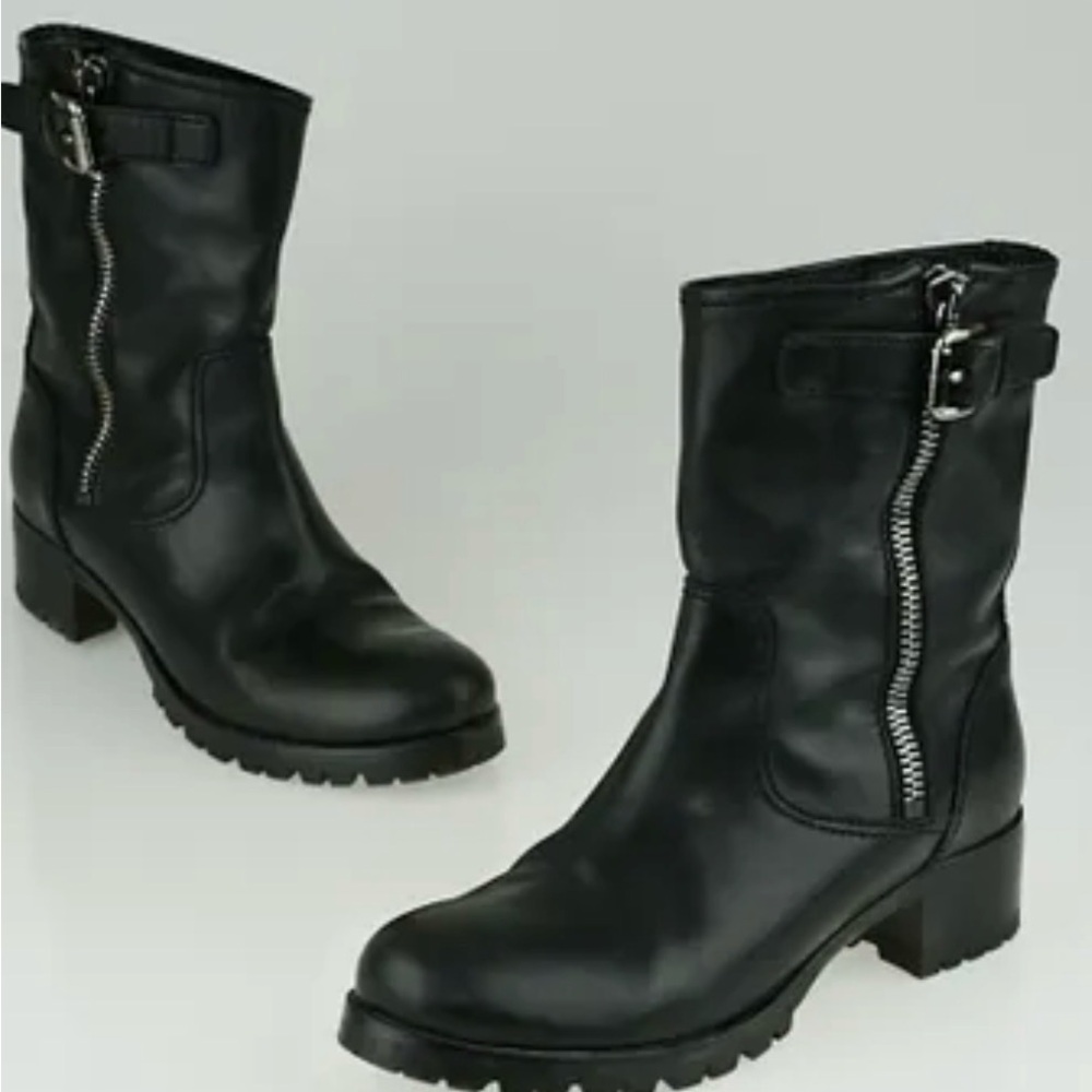 PRADA Black Leather buckled moto ankle boots